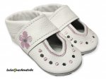 Lederpuschen Ballerina weiß mit Ziernaht und Blume 1mini rosa-grau